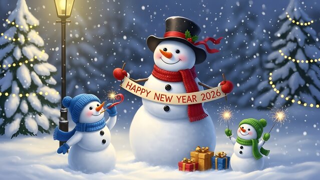 Happy new year snowmen with gifts in winter wonderland