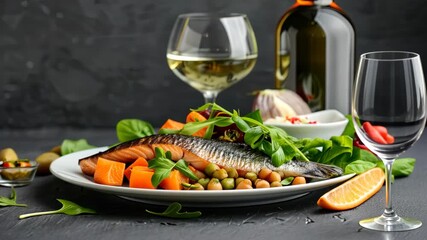 Enjoy a gourmet salmon meal accompanied by vibrant greens and a glass of exquisite wine, perfect for any dining occasion