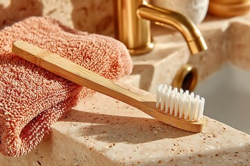 Bamboo toothbrush with golden bottle high resolution picture