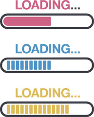 Three colorful loading progress bars indicating data transfer, download, upload, or process completion on a white background.