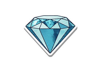 Sparkling Gemstone Isolated Blue Diamond Clipart with Pop Art Style Facets and White Outline on transparent background