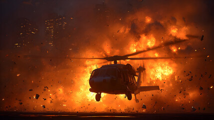 Intense helicopter scene amidst fiery war zone with explosions and urban backdrop