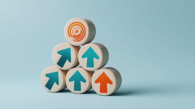 Stunning photo of minimalist, top-down, studio shot depicting a pyramid formation of five circular wooden discs arranged on a clean, light blue background. The bottom row.