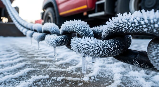 Close Up of Frozen Metal Chain with Icicles Hanging From It on Cold Winter Day near Red Truck Showing Effects of Extreme Temperatures and Seasonal Conditions Outside at Frost - Powered by Adobe