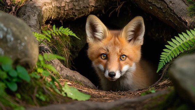 Alert fox peers warily from its den in a forest clearing, ears perked attentively