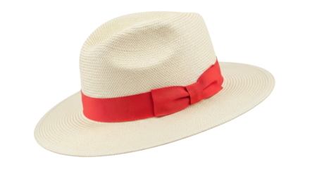 Elegant straw fedora hat with red ribbon isolated PNG, stylish summer headwear for sun protection and fashion accessory