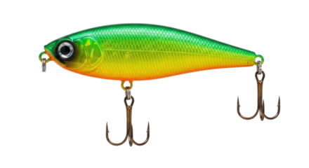 Green and yellow fishing lure isolated PNG, crankbait with treble hooks for catching predatory fish on transparent background