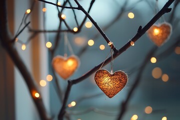 Beautiful fairy lights with glowing hearts high resolution picture
