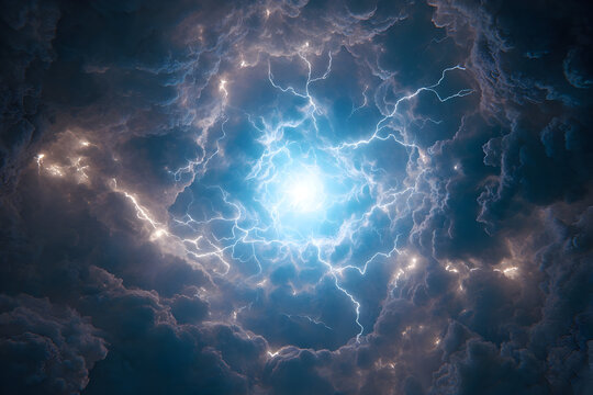 Dynamic lightning explosion with radiant blue and white light in stormy clouds