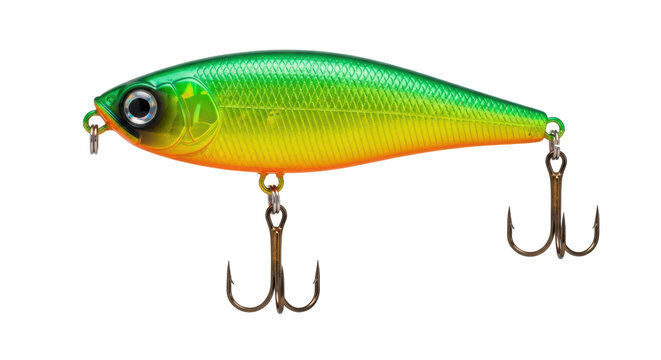 Green and yellow fishing lure isolated PNG, crankbait with treble hooks for catching predatory fish on transparent background