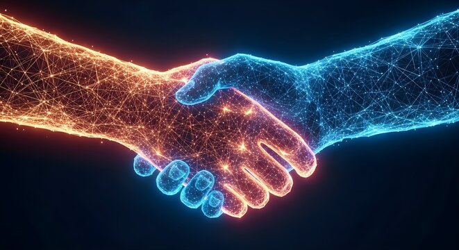 Digital handshake futuristic agreement and collaboration concept with glowing particles - Powered by Adobe