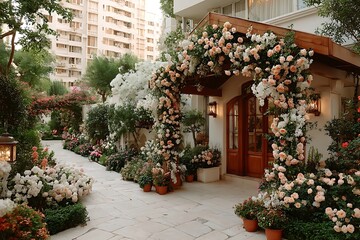 Beautiful floral wedding arch beside lake high resolution picture