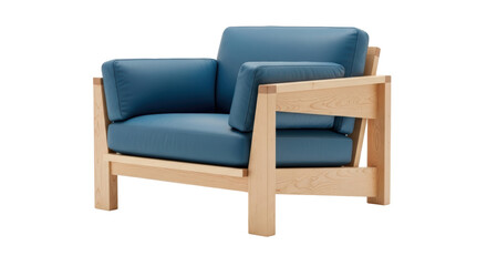 Modern blue armchair isolated PNG on transparent background, contemporary lounge chair with wooden frame for living room furniture