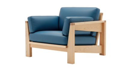 Modern blue armchair isolated PNG on transparent background, contemporary lounge chair with wooden frame for living room furniture