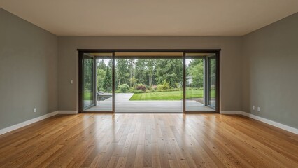 Fototapeta premium Empty room with large sliding glass doors opening to a green outdoor space with trees and lawn. Indoor space, interior, and natural light.