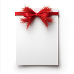 White Blank Card with Decorative Red Ribbon and Feather Bow