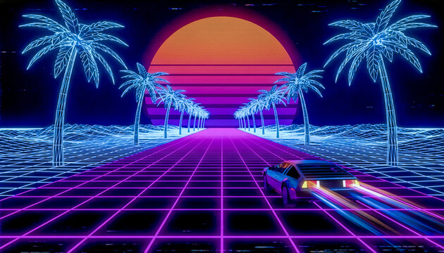 Retro-futuristic Synthwave Highway with Neon Sun and Digital Ocean