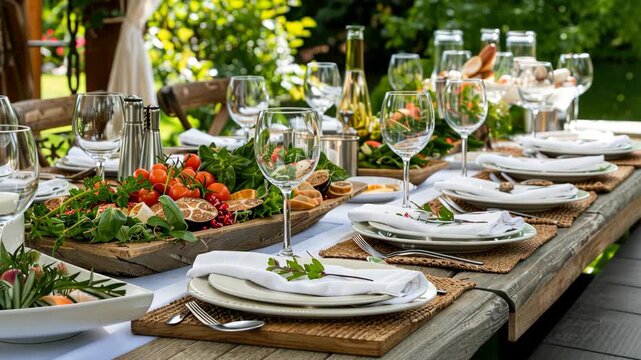 A beautifully arranged table showcases exquisite dishes and fresh produce amid vibrant greenery, perfect for a summer gathering