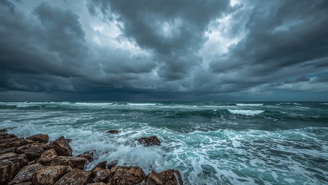 Stormy ocean view with dark clouds and rocky shoreline. Coastal weather and turbulent sea. The scene of stormy weather at the seaside. - Powered by Adobe