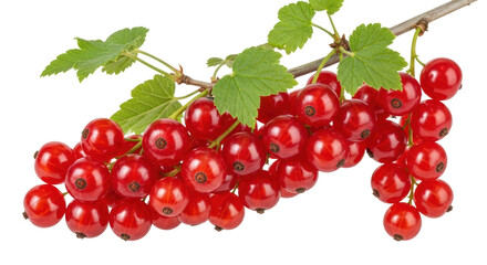 Red currant branch PNG isolated on transparent background, fresh juicy berries with green leaves for healthy eating and summer designs
