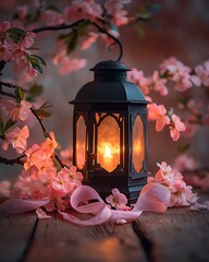 Beautiful lantern surrounded by soft blossoms high resolution picture