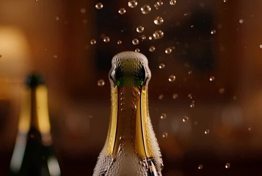 Champagne bottle popping open with foam and bubbles exploding outwards