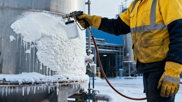 Medium shot of a technician applying a ceramic insulating coating on industrial equipment to protect against frost and extreme cold conditions.