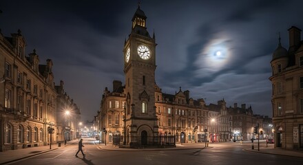 Fototapeta premium Dramatic night scene with a vintage clock tower and illuminated buildings under the moon