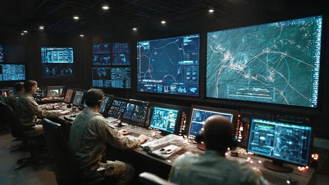 Military Personnel Monitoring Screens in a Control Room, Tracking Data and Analyzing Information for National Security