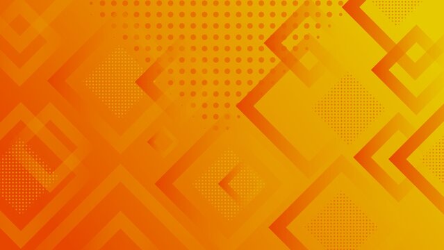 A dynamic abstract background features a pattern of overlapping orange and yellow squares and diamonds with halftone textures, creating a modern and energetic design.