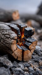 Fototapeta premium The charred wood surface reveals a complex network of rich black cracks, while glowing reflections dance across its texture. 