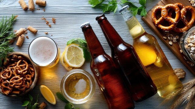 A cozy gathering spot is set with a selection of beer bottles and snacks on a light wood table, inviting relaxation. 