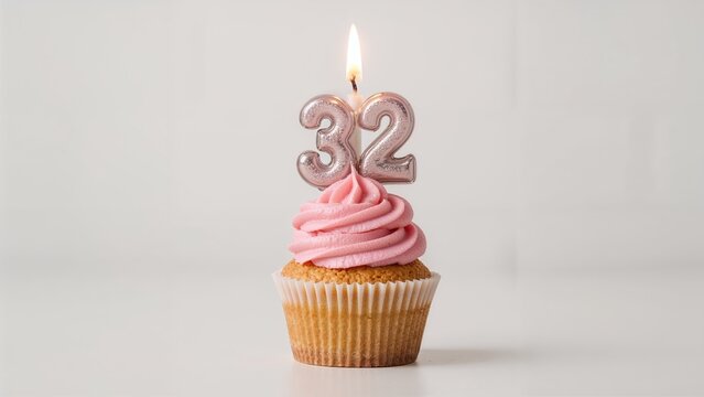 A cupcake with pink frosting and a lit candle shaped as the number 32.
