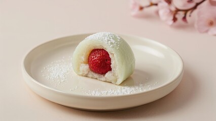 Sweet treat with a strawberry inside on a white plate, with pink flowers in the background. Dessert and fruit concept. Delicious and fresh snack.