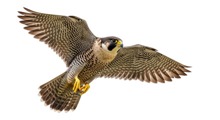 Peregrine falcon flying PNG isolated on transparent background, bird of prey with open wings in...