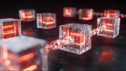 Glass cube chain red glow blockchain network data technology cyber abstract connection security pulses across linked transparent blocks glowing chain links connect icy cubes with neon cores - Powered by Adobe