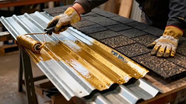 Hands applying a fireretardant coating to roofing materials in a midrange frame emphasizing preventative treatment to enhance fire resistance on various surfaces.