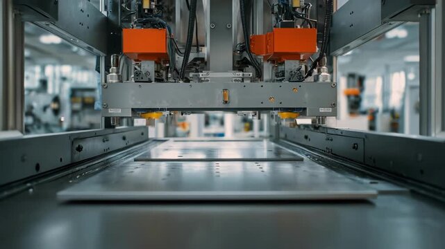 Medium shot of advanced stamping automation featuring robotic arms performing precision pickandplace tasks with metal sheets in a clean industrial setting.
