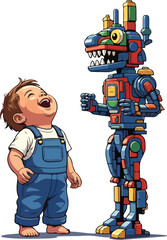 A happy toddler in overalls looks up and laughs at a colorful, blocky, dinosaur-like robot toy standing next to him.