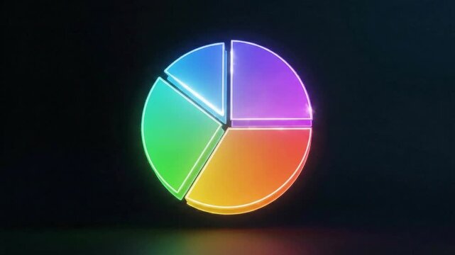 Glowing pie chart with colorful segments on a dark reflective surface