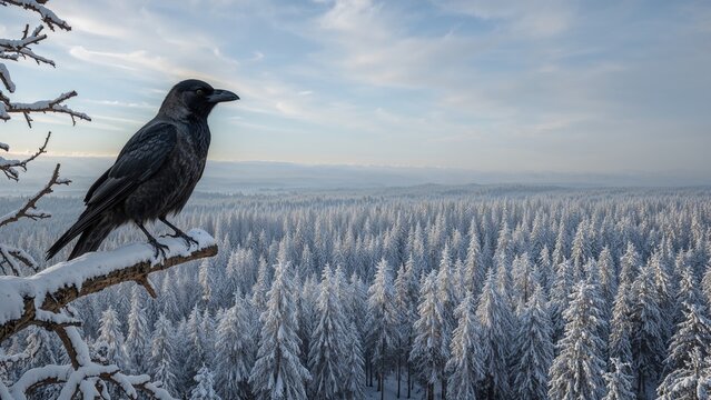 A black crow perched on a snow-covered branch overlooking a winter forest landscape with snow-covered trees and a cloudy sky.
