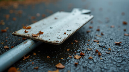 Dramatic close up of severely damaged street sign pole knocked over with warped sign and debris on asphalt in photorealistic lighting