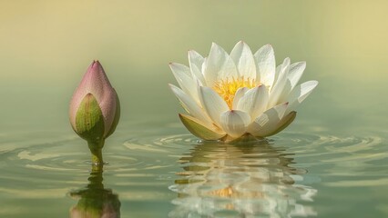 Glossy water lily and pink lotus bud floating on water with ripples, nature and aquatic flowers, tranquil scene, peaceful water surface, serene floral landscape.