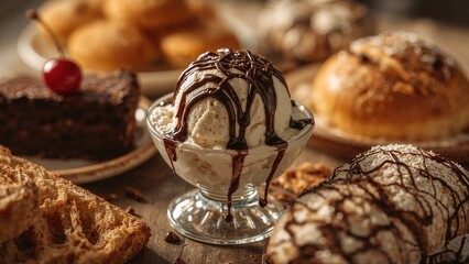 Assorted desserts including a cherry-topped chocolate cake, ice cream sundae with chocolate drizzle, and various pastries.