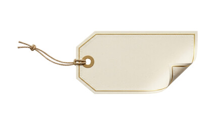 Blank beige paper tag with golden border isolated PNG, price label with string for product branding and gift wrapping