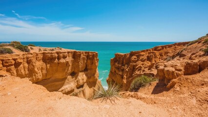 Coastline with cliffs and ocean view, showcasing rugged terrain and blue sea under a clear sky. Natural landscape, seaside, and scenic coastal environment.