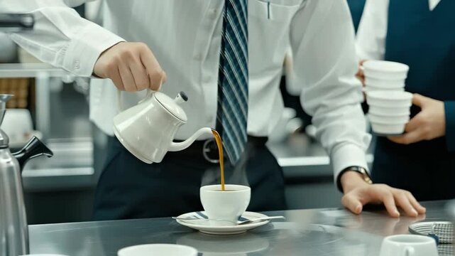 Barista skillfully pours fresh coffee into a cup while a line of customers eagerly waits for their morning beverages
