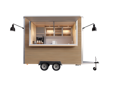 wooden trailer food truck isolated on a transparent white background , mobile coffee shop with white mock up sign 3d rendering