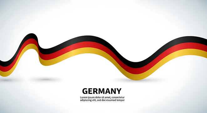Abstract wavy ribbon in german flag colors flowing across a white background with the word germany