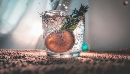 2026 zero waste new year concept. Refreshing drink with a splash of fruit and bubbles.